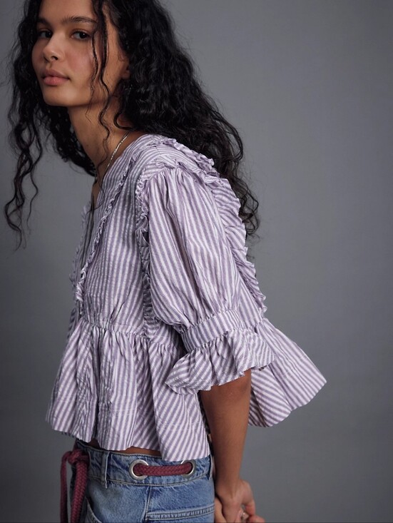 Free People Tops - NWT Free People Miley We The Free Lilac White Striped Ruffle Blouse Msrp $128